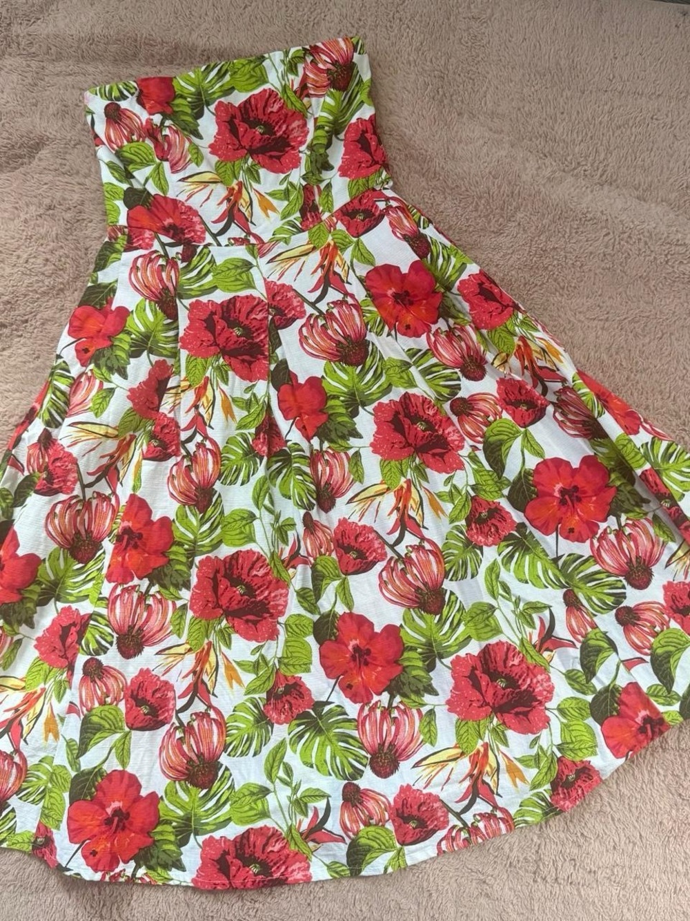 eva mendes for New York & Company Red Floral Strapless Midi Dress